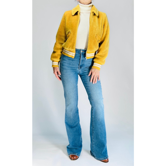 Samantha Sipos Shearling Bomber Jacket Collared Full Zip Pockets Size XS Yellow - Picture 14 of 16